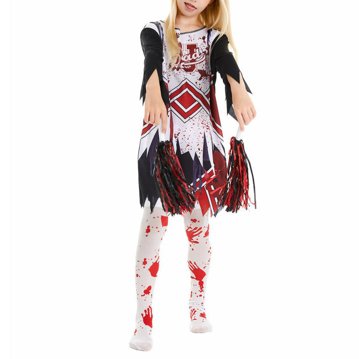 Kids Girls Halloween Party Horror Zombie Cosplay Costume Cheerleading Dance Outfits Bloody Dress with Stockings Flower Balls