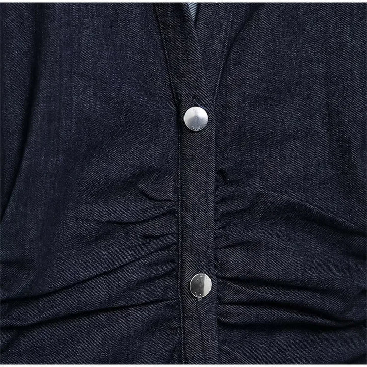 V-neck Denim Dress Fashion Slim Long Dress Chic Short Sleeves Single Button High.