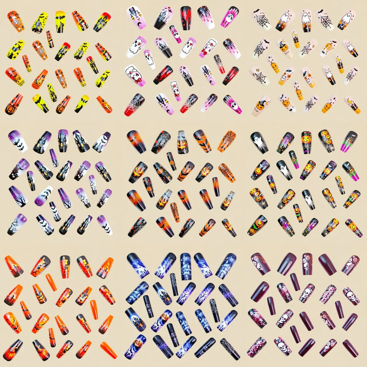 Halloween Fashion Nail Art 216 pieces Nail art patch set Pumpkin Moon Bat Flower Table Nail Art patch Detachable nail art mid-le