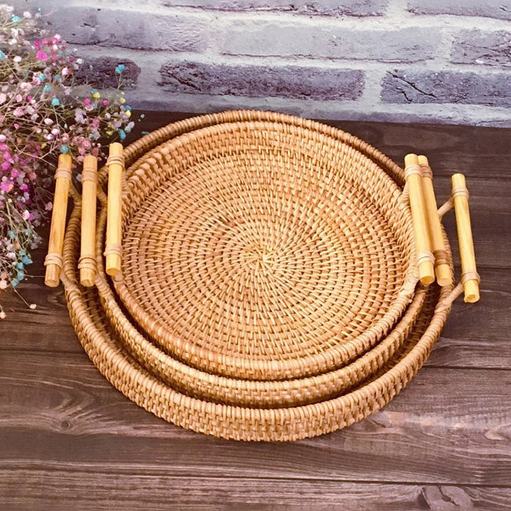 1PC Woven Rattan Storage Basket with Strap Handle round Tray for Bread Snacks Fruits Picnic - Home Organization Basket