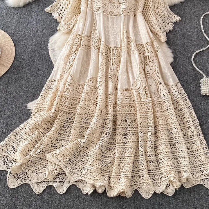 OCEANLOVE Hook Hollow Out  Dress Spring Summer Beach Style Knitted  Fashion Elegant Loose Long Dress