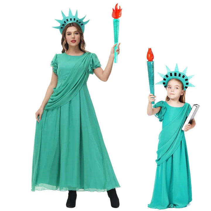 Halloween Carnival Costume Adult and Kids Girls Green Chiffon Party Dress World Statue of Liberty Cosplay Greek Goddess Costume