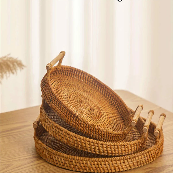 1PC Woven Rattan Storage Basket with Strap Handle round Tray for Bread Snacks Fruits Picnic - Home Organization Basket