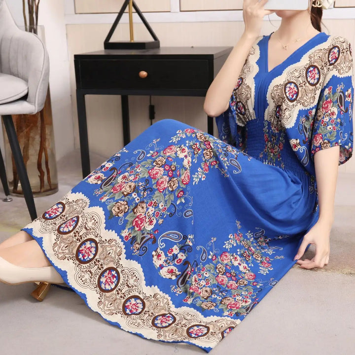 V-neck Large Skirt Hem Casual Sweet Long Dress Bat Sleeves Elastic Waist Bohemian Print Floral Elegant .