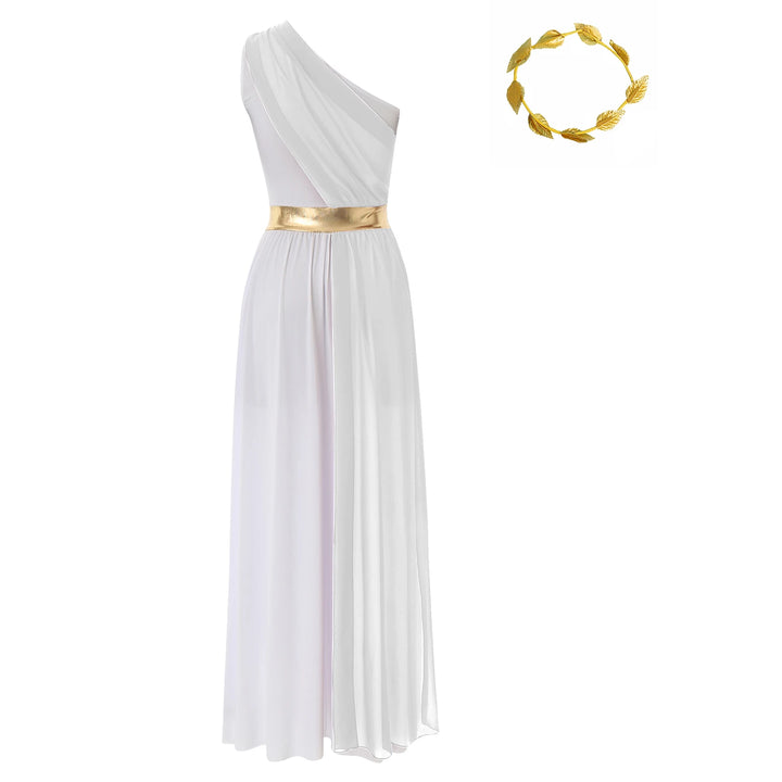 Women Halloween Ancient Greek Dress Ancient Greek Toga Costumes Robe One Shoulder Chiffon Overlay Tunic Dress with Headwear