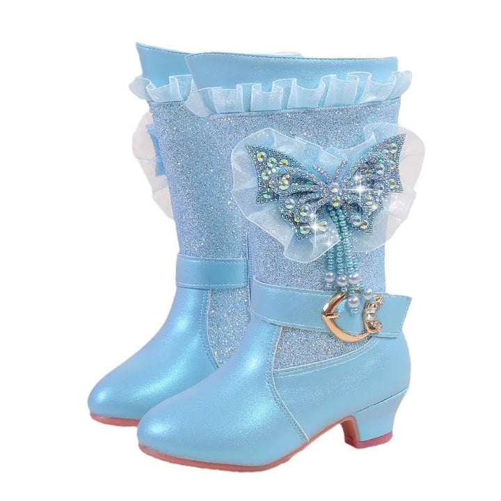 2025 Girls High Heel Boots Children's Sequins Rhindiamonds Butterfly-knot Princess Boots with Velvet Warm Mid-tube Kids Boots