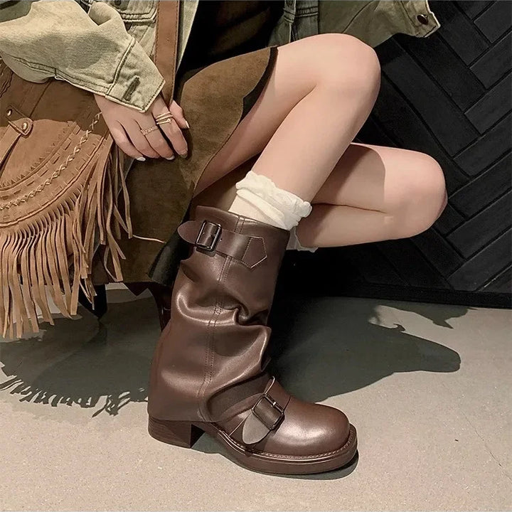 Pleated Buckle Knight Boots for Women Autumn Brown PU Leather Mid Calf Boots Woman Slip-On Thick Heel Riding Botas Mujer 2024