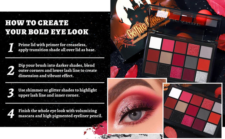 UCANBE Red Eyeshadow Makeup Palette, 15 Colors Burgunry Gray Silver Shimmer Matte Glitter for Halloween Christmas Vampire Clown
