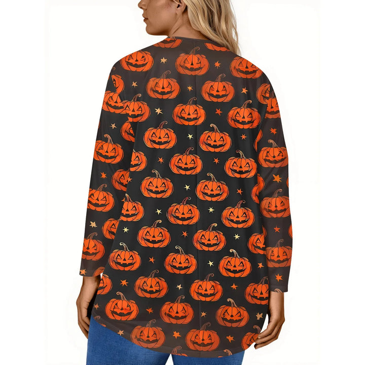 Plus Size Halloween Print T-Shirt for Women Fashion Round Neck Long Sleeve Casual Loose Pullover Top Halloween Party Costumes