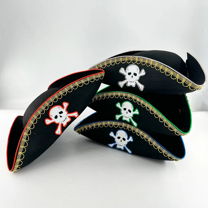 Adults Black Pirate Hats with Skull Pattern Halloween Cosplay Props Parties Caribbean Pirate Costume Hats LED Glowing Party Hat