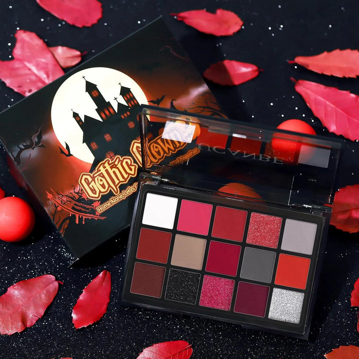 UCANBE Red Eyeshadow Makeup Palette, 15 Colors Burgunry Gray Silver Shimmer Matte Glitter for Halloween Christmas Vampire Clown
