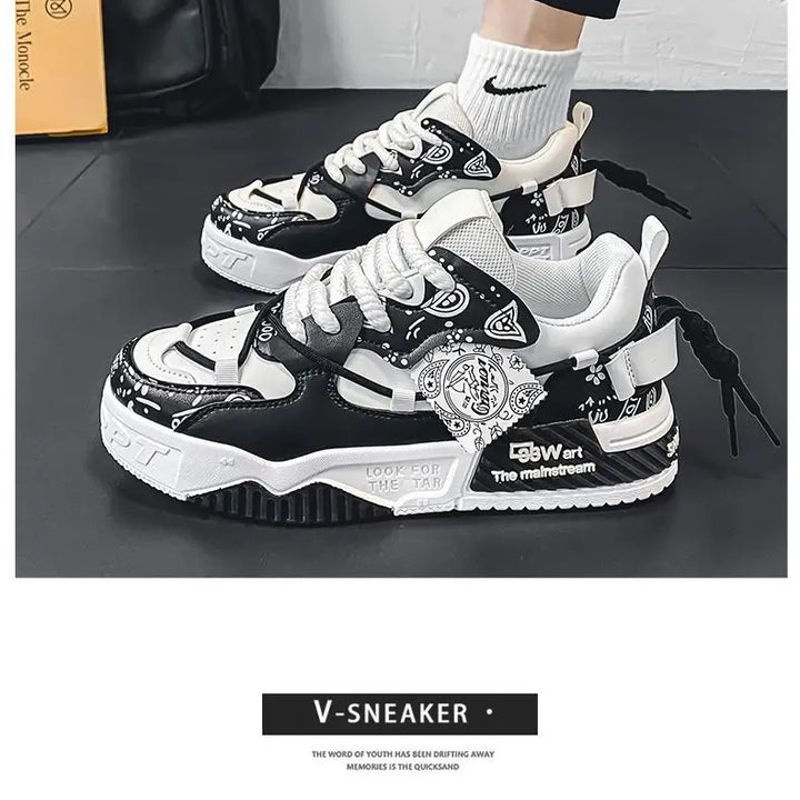 Mens Shoes 2025 Platform Sneakers New Trend Design Graffiti Skateboard Shoes Lace UP Soft Sole Non Slip Outdoor Sports Shoes
