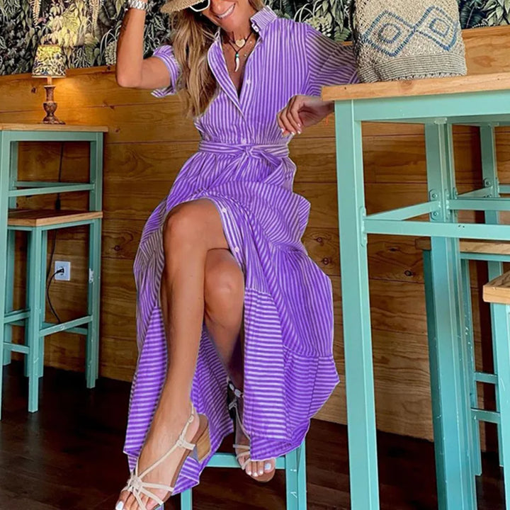New Fashion Stripe Printed Short Sleeve Loose Waist Strap Long Collar Ankle Single Breasted Dress