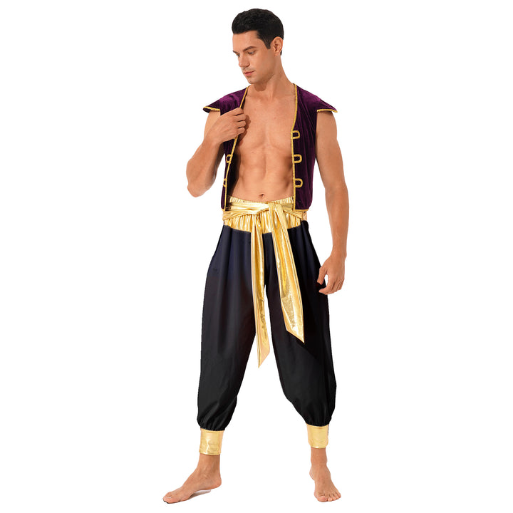 Mens Halloween Costume Mythical Arabian Prince Carnival Cosplay Party Outfit Sequin Trim Waistcoat with Belted Pants