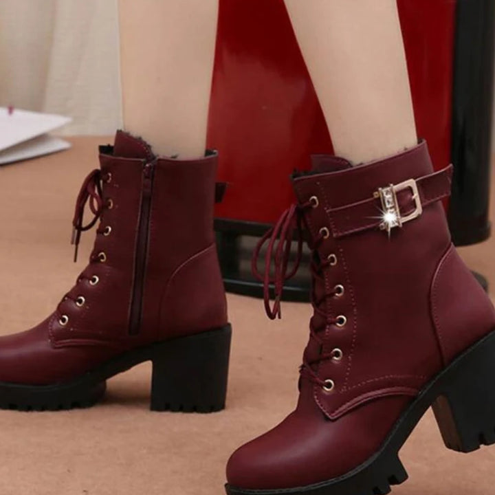 Hot Sale 2022 Women Boots Lace Up Flat Biker  Wine Red Boots Shoes Buckle Woman Botas Women Boots