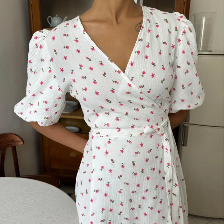 Bornladie Women Printed Lace Up D Short Sleeve Fashion Office Lady Long Dress 100% Cotton Daily Casual V-neck