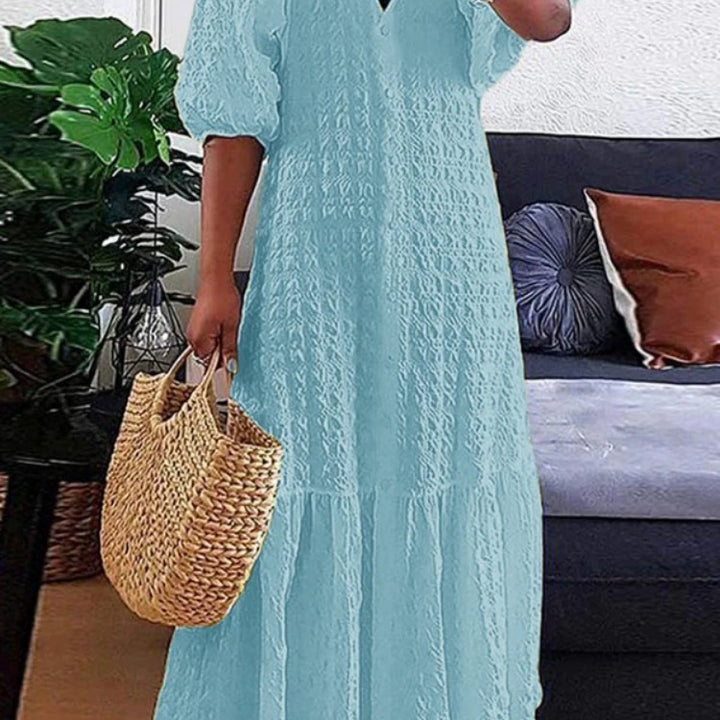 Fashion New Women's Pleated Dress V-neck Single Breasted Casual  Elegant Temperament Style Long Dress
