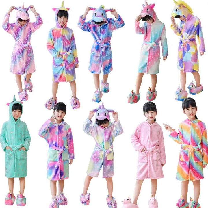 Children Bathrobe For Girls Kigurum Unicorn Pyjamas Kids Colar Fleece Boys Bathrobes Nightgown Baby Sleepwear Hooded Bath Robe