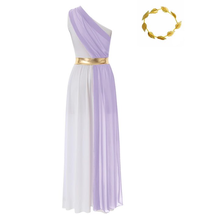 Women Halloween Ancient Greek Dress Ancient Greek Toga Costumes Robe One Shoulder Chiffon Overlay Tunic Dress with Headwear