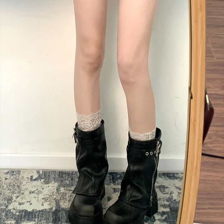Winter Women Biker Boots Fashion Belt Buckle Ladies Elegant Platform Flats Short Booties Casual Women's Knight Booties