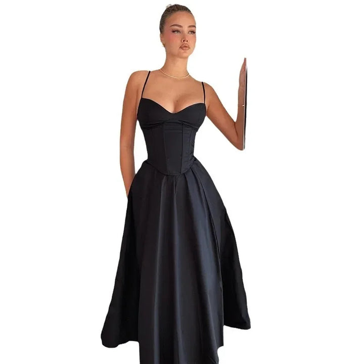 Sexy V-Neck Tank Long Dress Black Open-Back Sexy New Arrival Fashion French Style Cross-Border Design