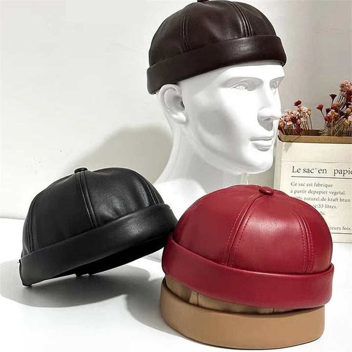 Retro Solid Color Brimless Hat Spring Summer Fashion Casual PU Leather Melon Caps Docker Cap Men Women Adjustable Hip Hop Hats