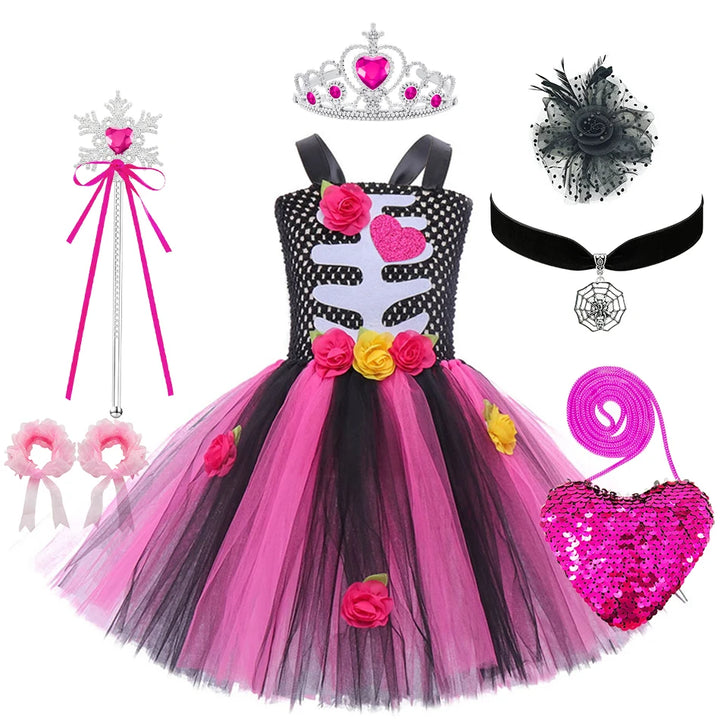 Halloween Kids Dress Cosplay Heart Print Skeleton Costumes Girls Floral Skull Tutu Clothes Children Carnival Performance Outfits