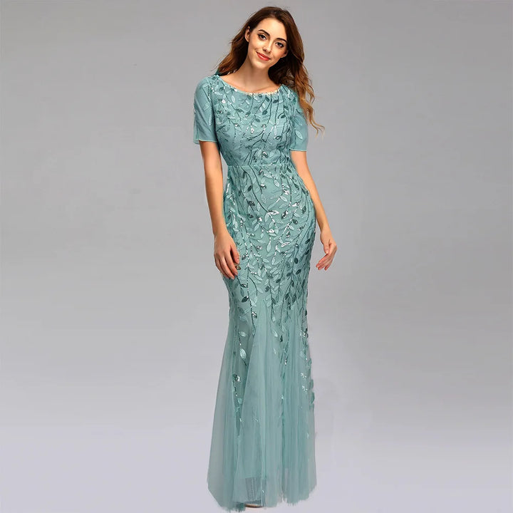 Gorgeous Round Neck Short Sleeves Sequined Mermaid Evening Dress