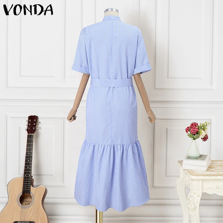 Elegant Striped Printing Short Sleeve Maxi Long Dress Casual Daily Bohemian.