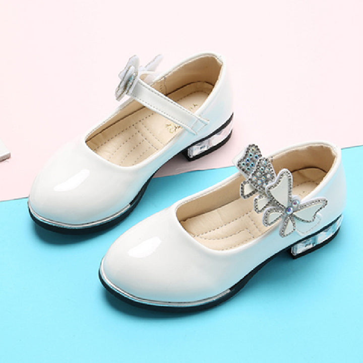 Girls Leather Shoes 2022 Spring Summer PU Patent Leather Kids Dress Shoes High Heels Butterfly-knot Dress Shoes for Wedding Chic