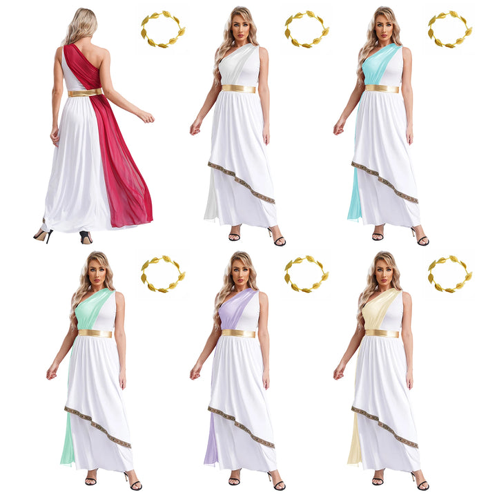 Women Halloween Ancient Greek Dress Ancient Greek Toga Costumes Robe One Shoulder Chiffon Overlay Tunic Dress with Headwear