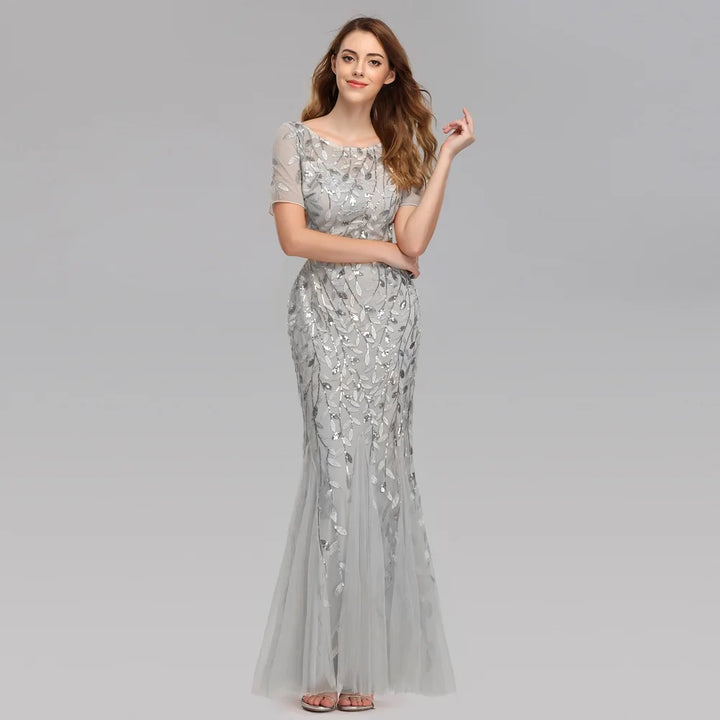 Gorgeous Round Neck Short Sleeves Sequined Mermaid Evening Dress