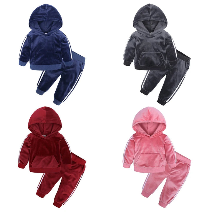 2025 Toddler Kids Hoodies Sweatshirt Set Solid Velvet Spring Autumn Baby Boy Girl Tracksuit Clothes For Children Sports Outfits