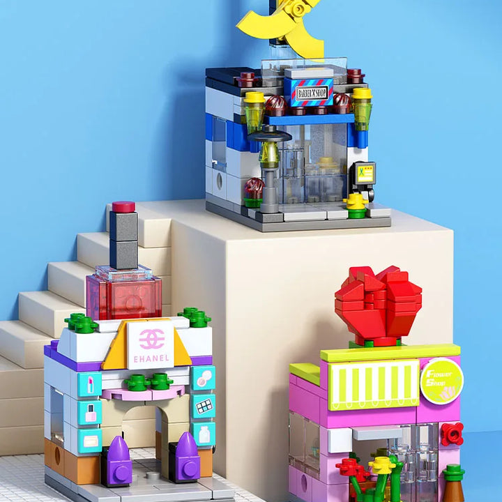 NEW DIY Makeup Convenience Store Flower Shop Hair Salon Piano Game Hall Fruit Bookstore Building Blocks Bricks Movie Model Toy