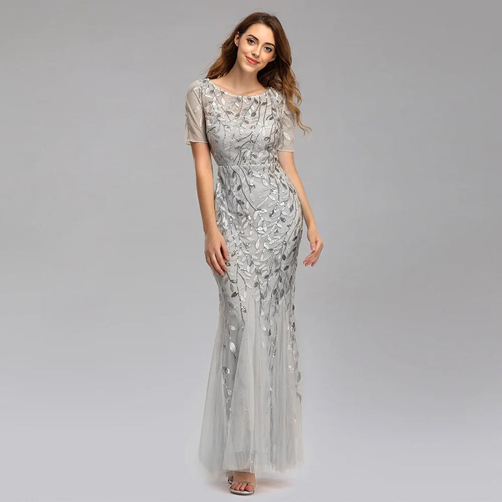 Gorgeous Round Neck Short Sleeves Sequined Mermaid Evening Dress