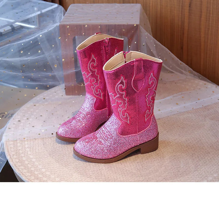 Girls Boots Toddler Snow Gear Mid Calf Glitter Western Cowboy Boot 2025 Autumn Big Kid Riding Girls Botas Size 27-36 Kids Shoes