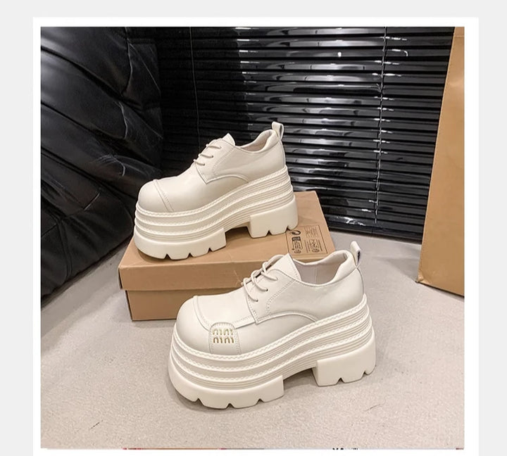 Women's Leather Sneakers New High Platform Lace-up Casual Shoes Thick Sole 10CM Heels Walking Shoes Zapatos Mujer