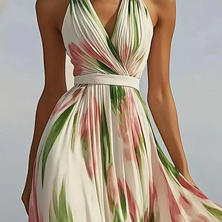 Summer Women's V-neck Fashionable Printed  Style Long Suspender Dress Elegant Long Dress