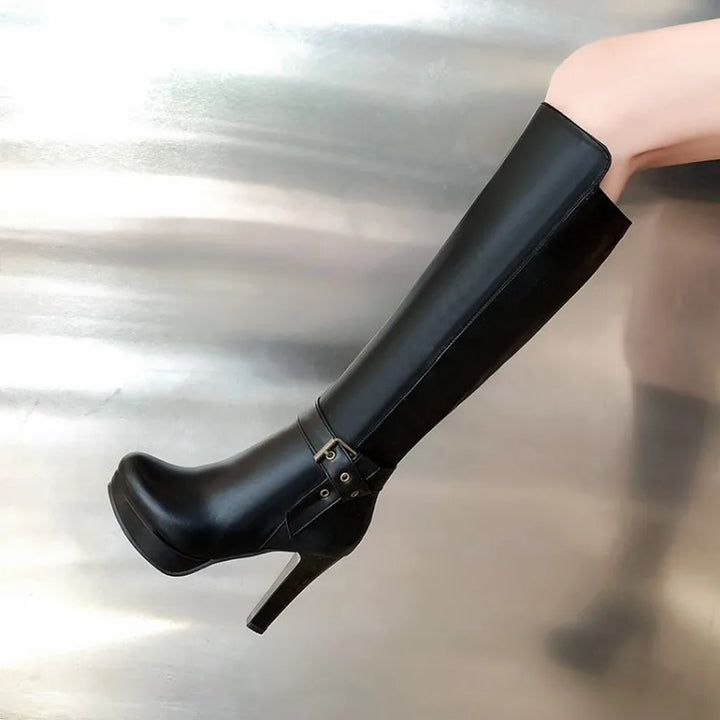 winter The New fashion Side zipper Thick heel 10CM Women boots black Sexy Knee Plus velvet Keep warm High heel Women boots 34-43