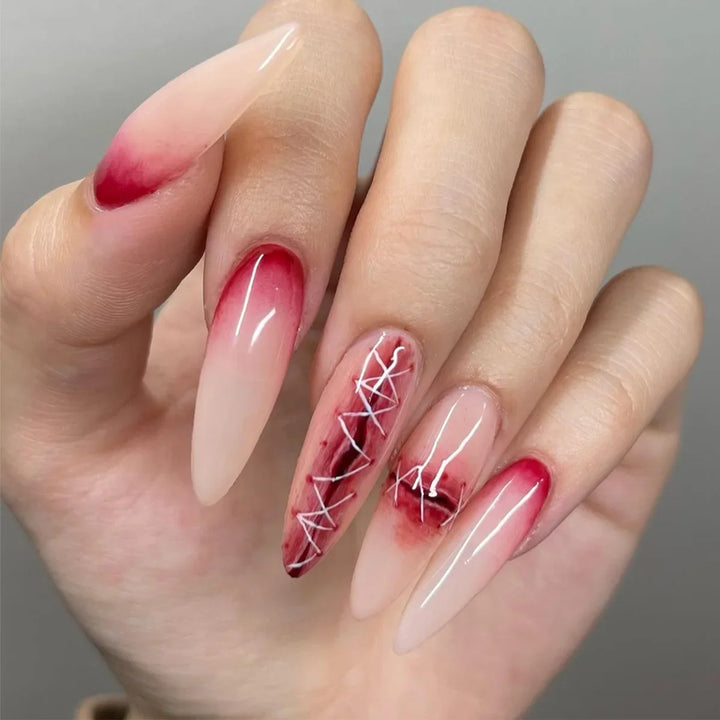 24Pc Halloween False Nails with Almond Head Designs Cute Clown Fake Nails French Full Cover Manicure Press on Nail Tips for Girl