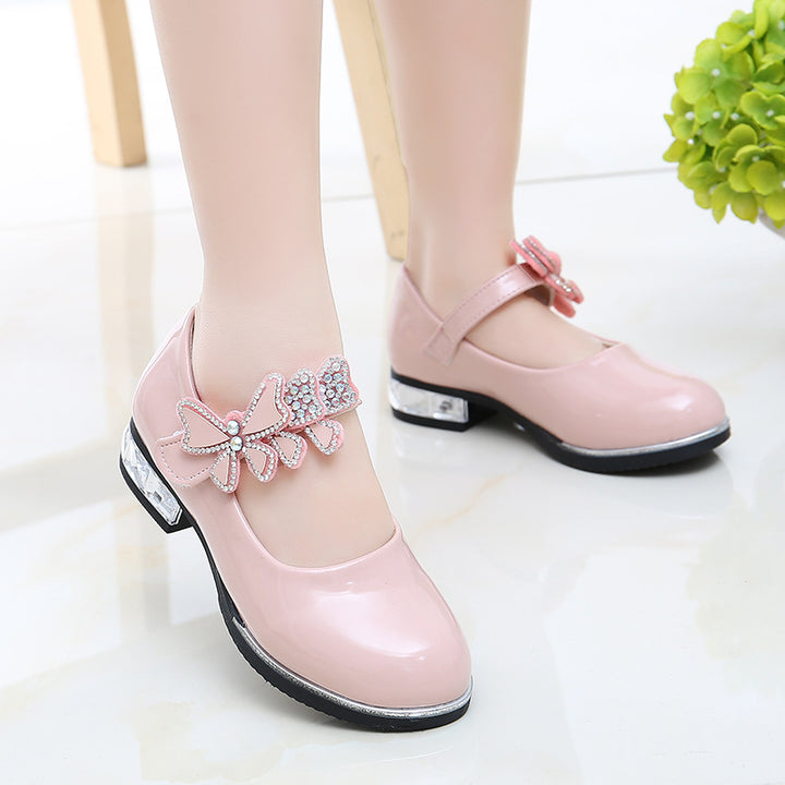 Girls Leather Shoes 2022 Spring Summer PU Patent Leather Kids Dress Shoes High Heels Butterfly-knot Dress Shoes for Wedding Chic