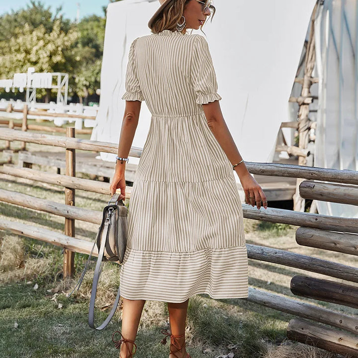 Women Elegant Striped Lantern Sleeve  Causal V-neck Button Ruffles Midi Dress.