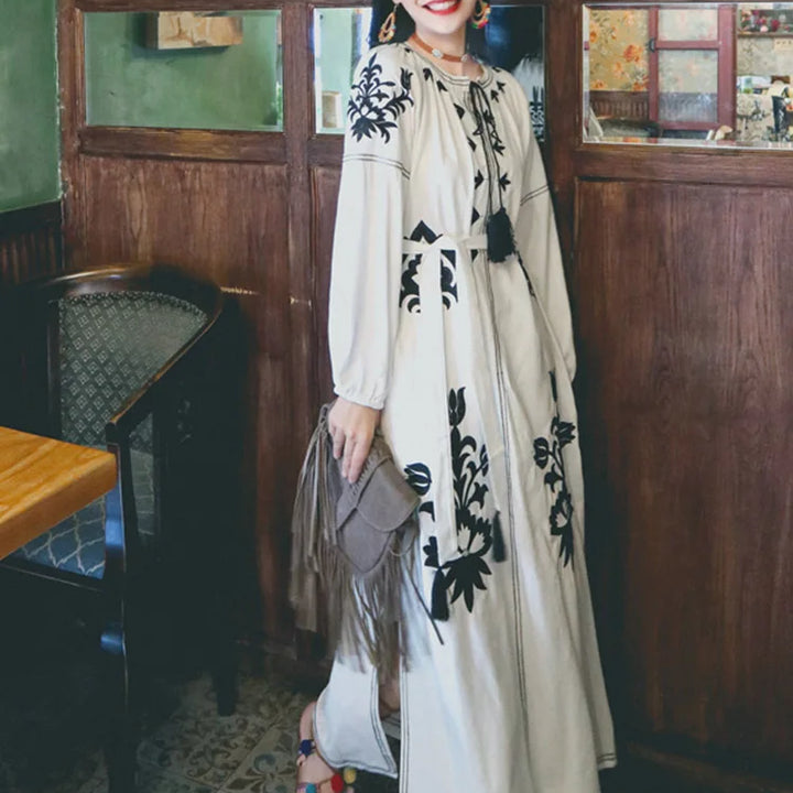 New Spring Autumn Embroidered Dress V-neck Tie Split Retro Indie Folk Style Holiday Beach Long Dress.