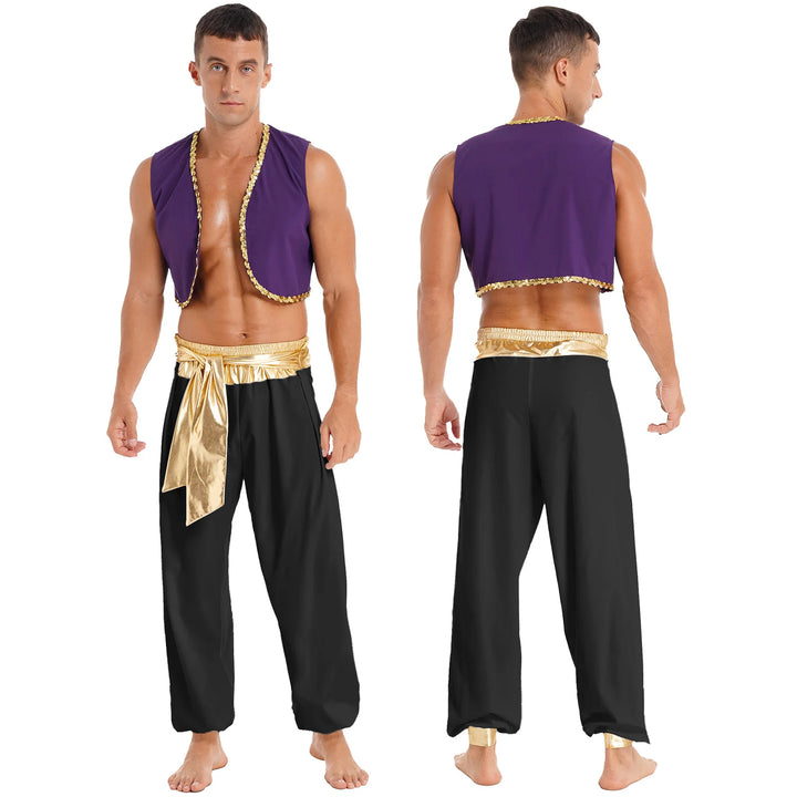 Mens Halloween Costume Mythical Arabian Prince Carnival Cosplay Party Outfit Sequin Trim Waistcoat with Belted Pants