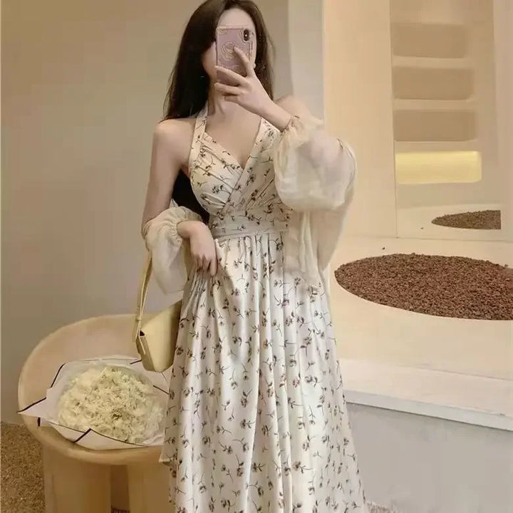 New Gentle Wind Fragmented Flower V-Neck Sling Dress Set Waist Wrap Neck Hanging Long Dress Thin Protection Cardigan