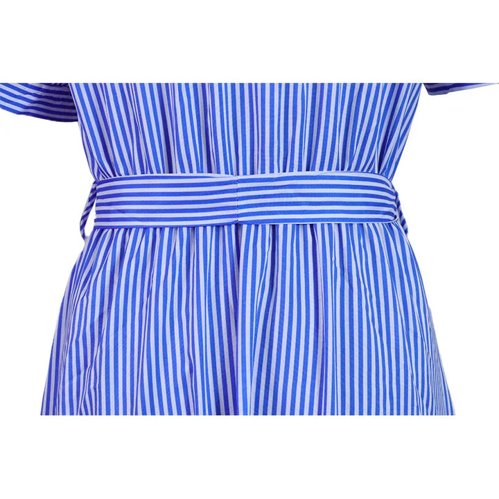 New Fashion Stripe Printed Short Sleeve Loose Waist Strap Long Collar Ankle Single Breasted Dress