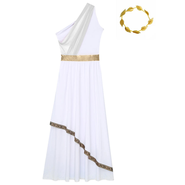 Women Halloween Ancient Greek Dress Ancient Greek Toga Costumes Robe One Shoulder Chiffon Overlay Tunic Dress with Headwear