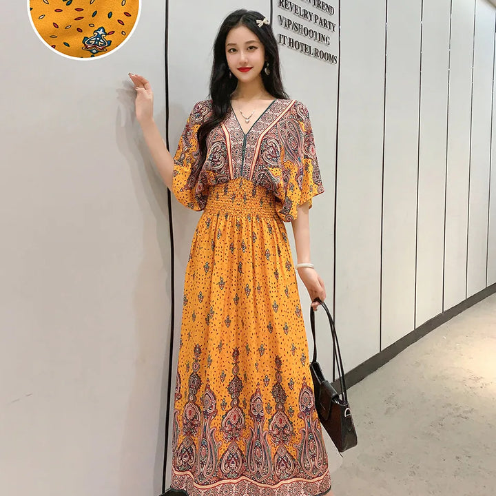 V-neck Large Skirt Hem Casual Sweet Long Dress Bat Sleeves Elastic Waist Bohemian Print Floral Elegant .