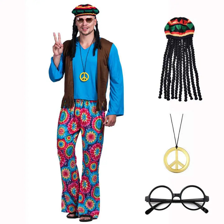 Men’s 60s & 70s Hippie Costume Set – Retro Pants, Shirt, Fringe Vest, Necklace, Glasses & Rasta Hat with Dreadlocks"✨ Step back in time with this complete 60s & 70s hippie outfit! Perfect for Halloween, retro parties, music festivals, and themed events.