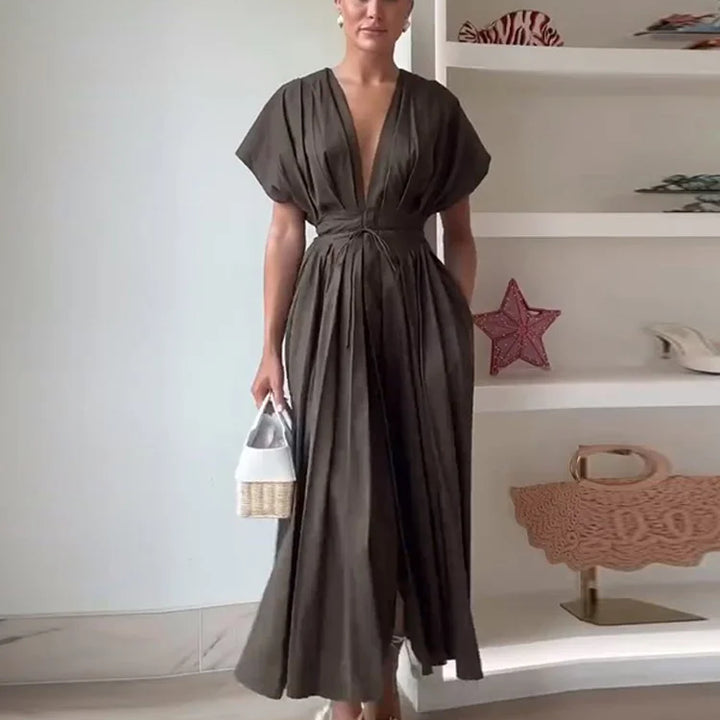 Elegant Pleated Lace Up Long Dress Deep V-neck Flying Sleeve A-line Party Dresses Summer Lady Office All-match Chic Robes